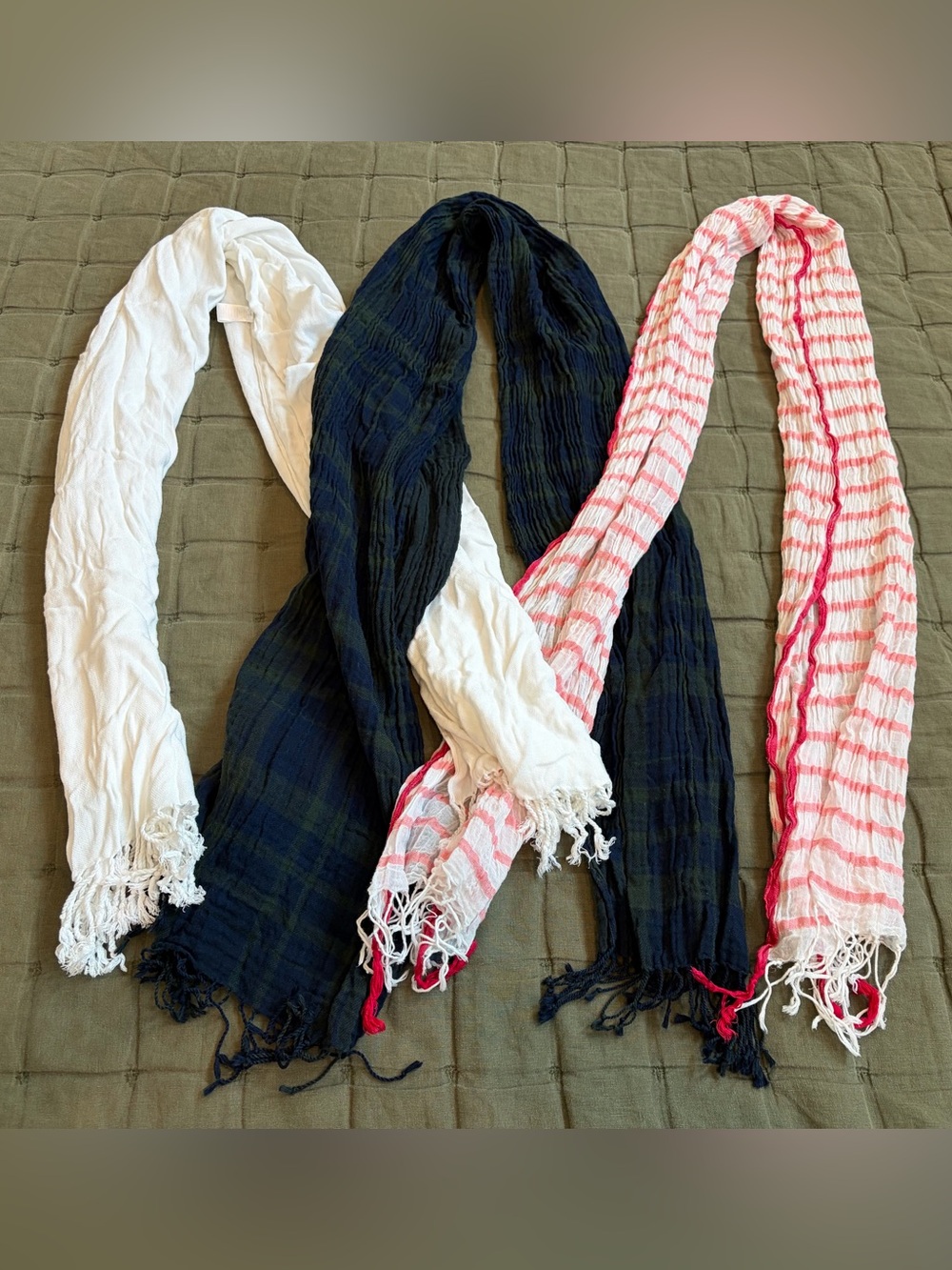 3 women’s lightweight scarves, EUC. Pink, cream, navy, green, fringe